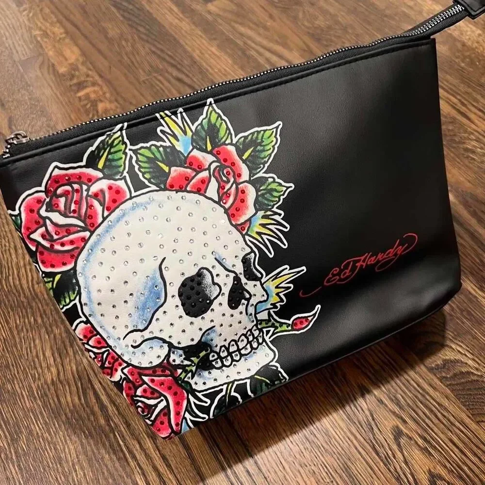 ed hardy skull rose flower makeup cosmetic toiletry bag bedazzled rhinestone NWT